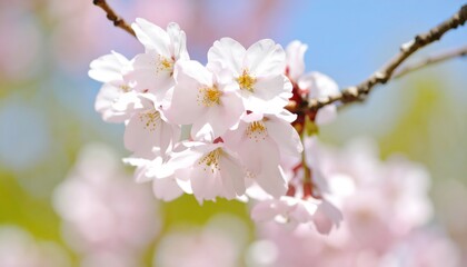 Obraz premium A close-up of delicate pink cherry blossoms against a soft background, showcasing their beauty and the arrival of spring.