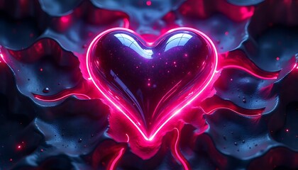 Stunning glowing heart illustration with vibrant pink neon light and dark textured background