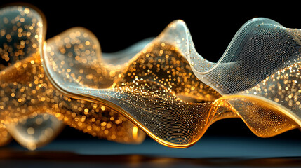 An abstract design featuring wavy golden tubes shapes against a black background. 3d rendering of ribbed glass effect.