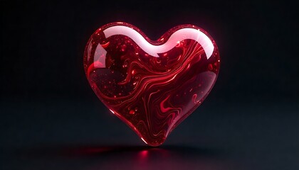 Stunning translucent red heart with swirling patterns glows against a dark, dramatic backdrop