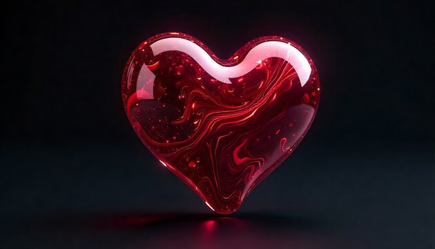 Stunning translucent red heart with swirling patterns glows against a dark, dramatic backdrop