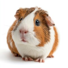 Close-up of a small, fluffy guinea pig with a curious expression