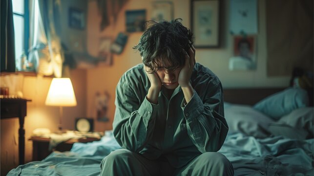 A man in his bedroom showing sad. He appears to be lost in thought or distress, with a worried expression