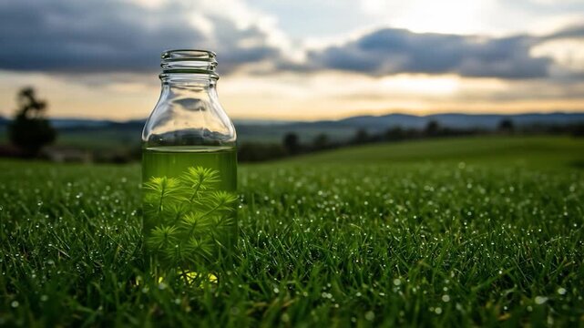 Green elixir in glass bottle plant specimen dew covered grass field sunset hill nature background