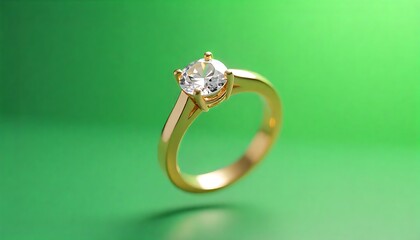 Elegant gold diamond engagement ring radiating brilliance on a vibrant, modern green backdrop