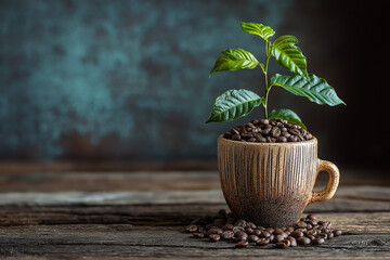 Coffee plant, coffee bean, coffee bean plant in a cup. Coffee with background.