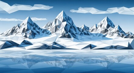 Low poly panoramic view of majestic snow-covered mountain peaks with water reflection