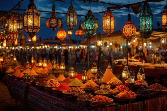 A vibrant street market in Marrakesh at night, featuring a table filled with various types of food. The scene is illuminated with a warm, glowing light, creating a lively and bustling atmosphere.
