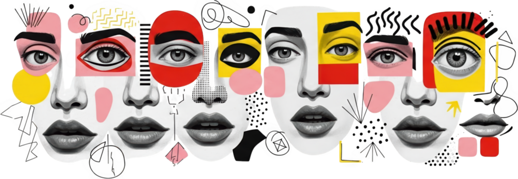 Collage of stylized female faces with graphic elements and abstract shapes isolate art modern design