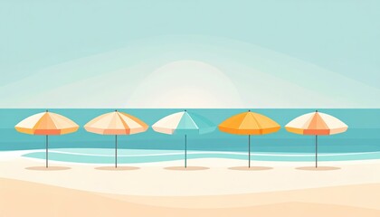 Colorful beach umbrellas lined up along the shoreline on a sunny day with calm ocean waves and a clear sky, perfect for summer vacation relaxation and leisure