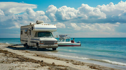 RV towing boat on coastal route