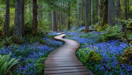 Winding boardwalk through a forest floor blanketed in vibrant blue wildflowers