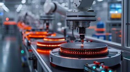 Robotic arms precisely manufacturing circular components on an automated assembly line. The scene depicts a state-of-the-art production process.