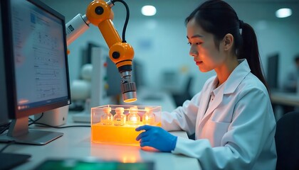 Scientist analyzing samples with robotic arm in modern laboratory setting for research purposes