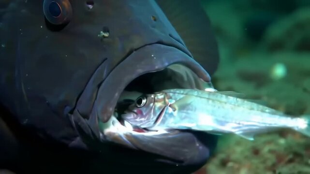 Large dark fish devouring smaller fish underwater