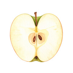 Watercolor Painting of a Halved Apple Revealing Seeds and Core.