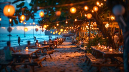 A beachfront restaurant at twilight is filled with warm, inviting light, casting a romantic glow over the scene. Tables are set, people are enjoying the evening, and the ocean whispers nearby.
