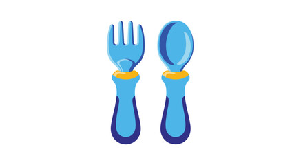 Fototapeta premium Bright blue children's utensils with yellow grips a spoon and fork set for toddler meals