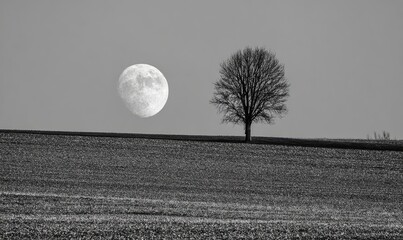 Monochrome moon rises over a lonely tree in a vast field.