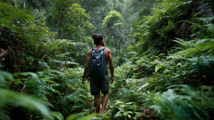 A lone backpacker walks a path through a vibrant, lush jungle, immersed in nature's tranquility.