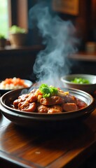 Fototapeta premium Steaming hot gourmet stew served in a rustic bowl, inviting comfort and delicious flavor with fresh garnish