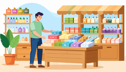 Man shopping for various products in a retail store, browsing items on shelves and a display table.