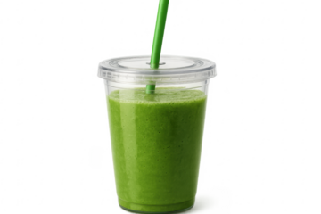 Green smoothie in plastic cup with straw on transparent background