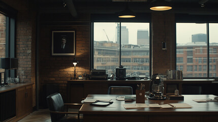 Fototapeta premium Elegant vintage office interior with a substantial wooden desk brick walls and expansive windows showing a city skyline