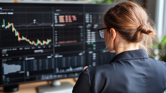 Woman with glasses views financial charts market data and graphs on a large computer monitor from behind