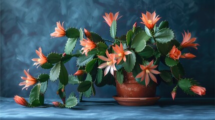 a vibrant Christmas cactus in full bloom, showcasing delicate orange flowers and lush green leaves in a terracotta pot