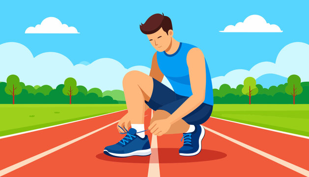 Male Athlete Tying Shoelaces on Running Track. Runner Preparing for Exercise. Fitness and Sport Preparation Illustration.