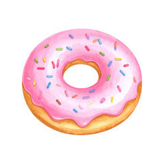 Watercolor Pink Donut with Colorful Sprinkles Glazed Sweet Treat.