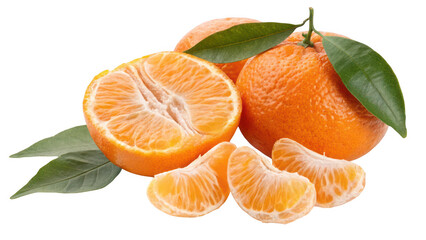 Fresh oranges with leaves and segments isolated on transparent background