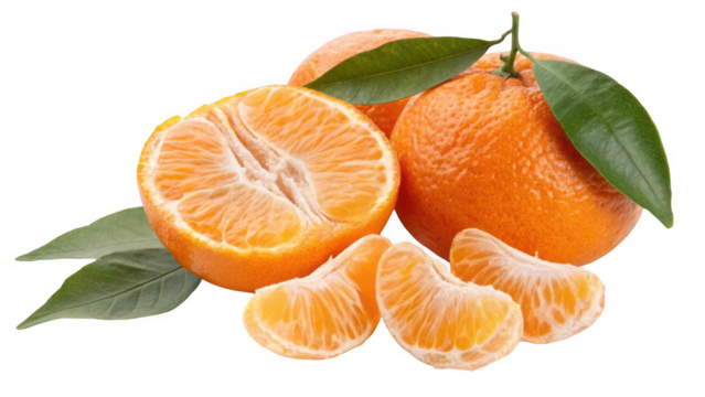 Fresh oranges with leaves and segments isolated on transparent background