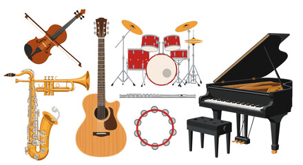 Illustration of a collection of musical instruments including a piano, guitar, drums and violin