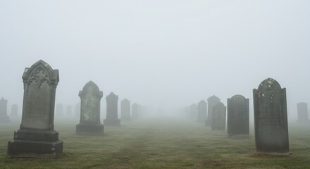 A foggy cemetery with numerous stone tombstones of varying designs on a grassy field