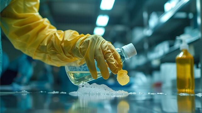a person wearing yellow protective gloves carefully handling a liquid substance in a laboratory, as a spill occurs