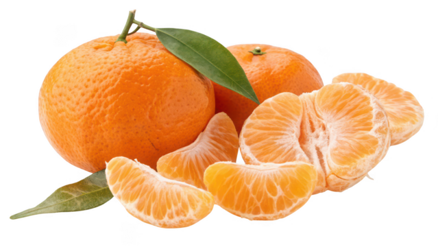 Fresh mandarin oranges and segments isolated on transparent background