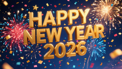 A celebration of the New Year with bold 3D text Happy New Year 2026 in shimmering gold letters. Happy New Year, Happy New Year 2026, Merry Christmas And Happy New Year