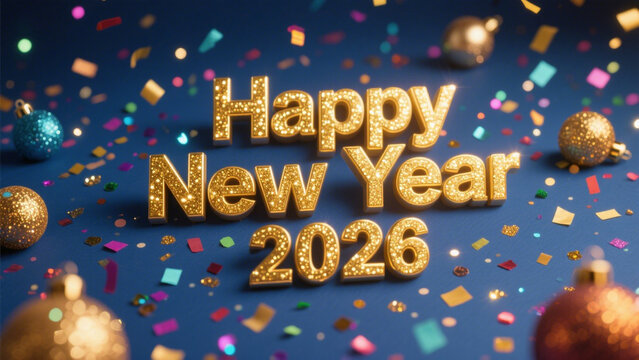 A celebration of the New Year with bold 3D text Happy New Year 2026 in shimmering gold letters. Happy New Year, Happy New Year 2026, Merry Christmas And Happy New Year