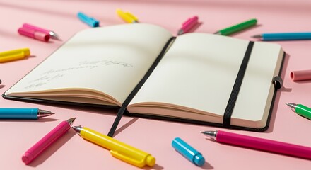Fototapeta premium Colorful Pens and Open Notebook on Pink Background