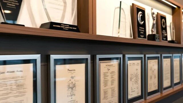 A display of awards and framed documents on a shelf and wall in an office.