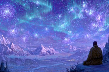 Obraz premium A serene man sitting on a hill, gazing at the vast sky with a peaceful expression, deep in meditation.