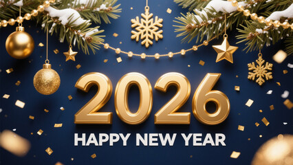 A festive New Year's design featuring the year 2026 in bold, golden 3D text against a deep navy blue background. Happy New Year, Happy New Year 2026, Merry Christmas And Happy New Year