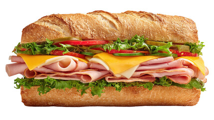 Freshly made submarine sandwiches filled with vegetables and delicious sliced meats on a white background