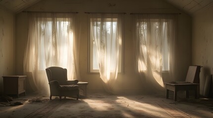 interior of the old house with window and curtains