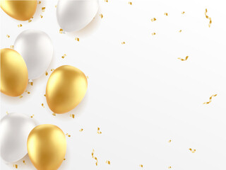 Elegant Birthday Celebration Scene with Gold and White Balloons, Confetti, and Stylish ‘Happy Birthday to You’ Text on a Clean White Background