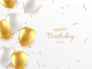 Elegant Birthday Celebration Scene with Gold and White Balloons, Confetti, and Stylish ‘Happy Birthday to You’ Text on a Clean White Background