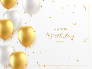 Elegant Birthday Celebration Scene with Gold and White Balloons, Confetti, and Stylish ‘Happy Birthday to You’ Text on a Clean White Background