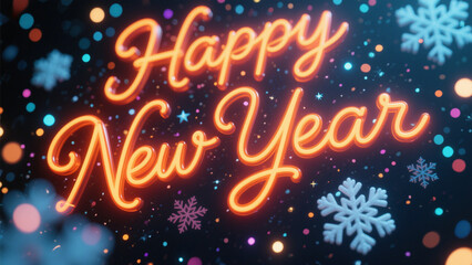 A festive New Year's design with the words 'Happy New Year' written in bold, glowing neon orange cursive letters. Happy New Year, Happy New Year 2026, Merry Christmas And Happy New Year